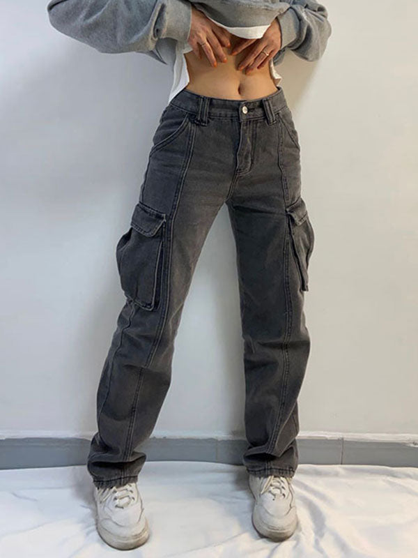 Washed Mid Waist Pocket Cargo Jeans Maxct