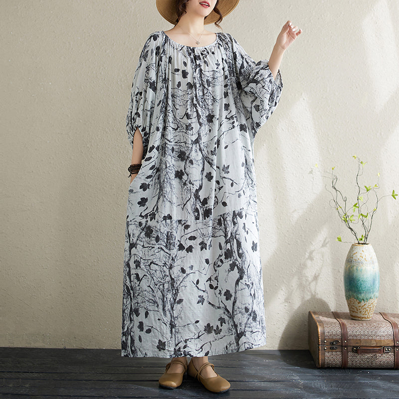 Spring Cotton Comfortable Plus Size Printed Lantern Sleeves Dress
