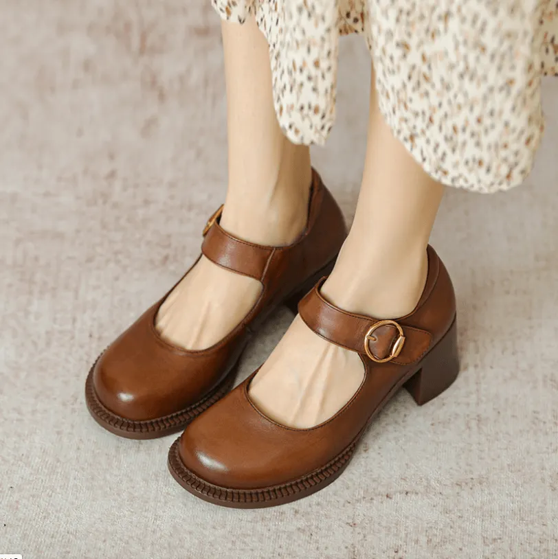 Handmade Pumps Mary Jane Heels Sandalss Round Toe  Retro Velcro Sandals Black/Brown Maxct
