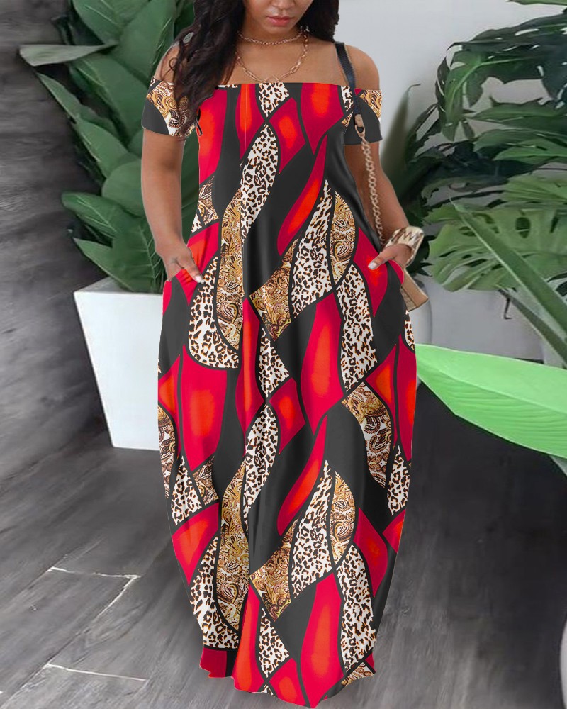 Maxct Summer New Women's Fashion Leisure Sexy Print Bare Shoulder Dress