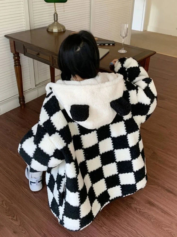 Checkered Cozy Bear Ears Zip-Up Hoodie for Women Maxct