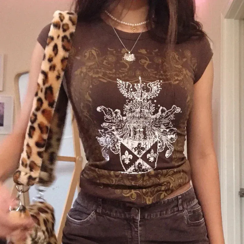 Maxct y2k Aesthetic Fairy Grunge Vintage Tops Graphic Print Brown T-Shirt Short Sleeve Slim Pullover Sweats Tees Harajuku Retro Women