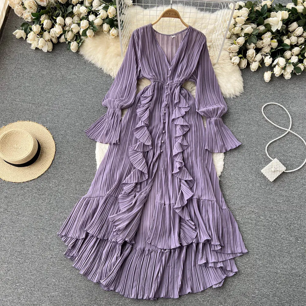 Chiffon Pleated Long Dress Women Vintage V-Neck Flare Sleeve Draped Ruffle Vestido Female Maxi Robe Spring Fall 1215-1