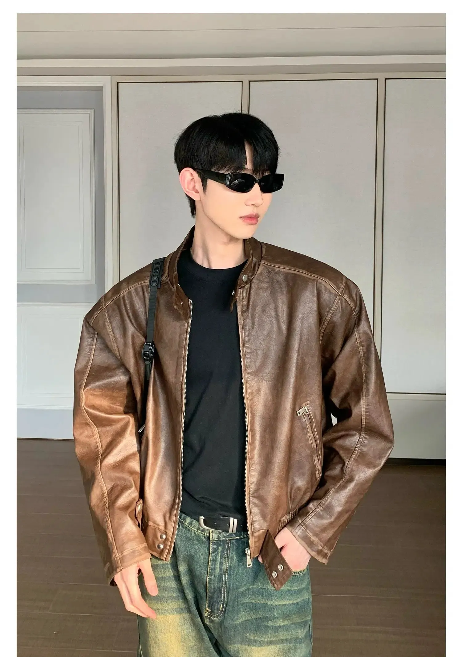 Maxct Stand Collar Cotton PU Leather Bomber Jacket