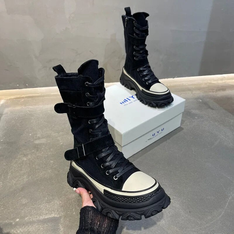 Mid Calf Length Boots - Leather Motorcycle Style for Women Maxct
