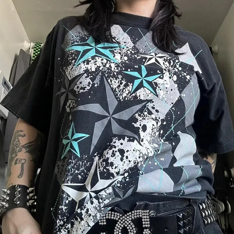 Maxct Y2K Vintage Cyber Graphic T-shirt Halloween Retro Grunge Star Print Pullovers Tops Japanese Style Emo Short Sleeve Baggy Tees