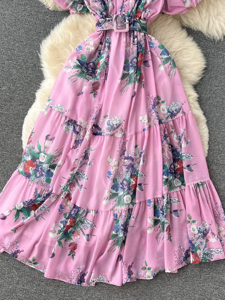 Bohemian Floral Chiffon Long Dress Women Sexy Off Shoulder Ruffle Puff Short Sleeve High Waist A-Line Big Swing Vestidos