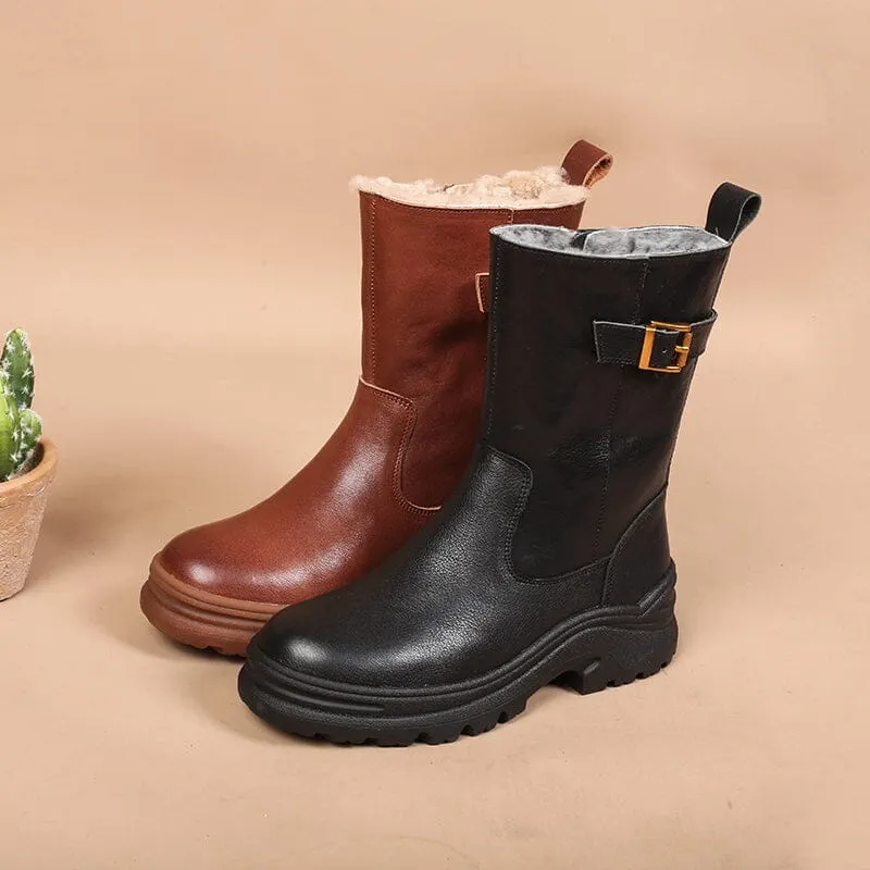 Womens Retro Mid Calf Boots Shearling Lined for Cold Winter Snow Boots Maxct