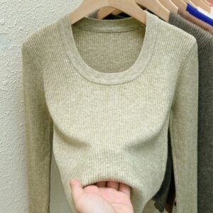 Maxct Photos U-neck Knitted Sweater For Women's Autumn Long Sleeved Top Girls Simple Base Jumper GT8311