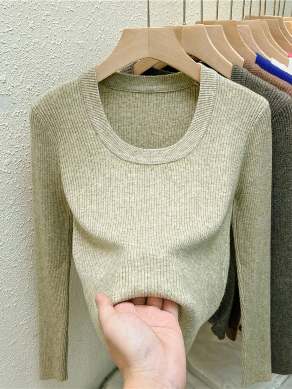 Maxct Photos U-neck Knitted Sweater For Women's Autumn Long Sleeved Top Girls Simple Base Jumper GT8311