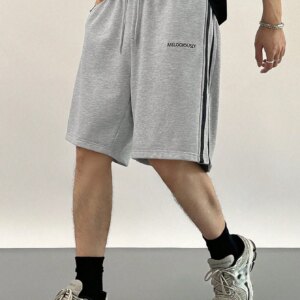 Maxct Men's Summer Casual Color Block Striped Letter Print Drawstring Waist Shorts