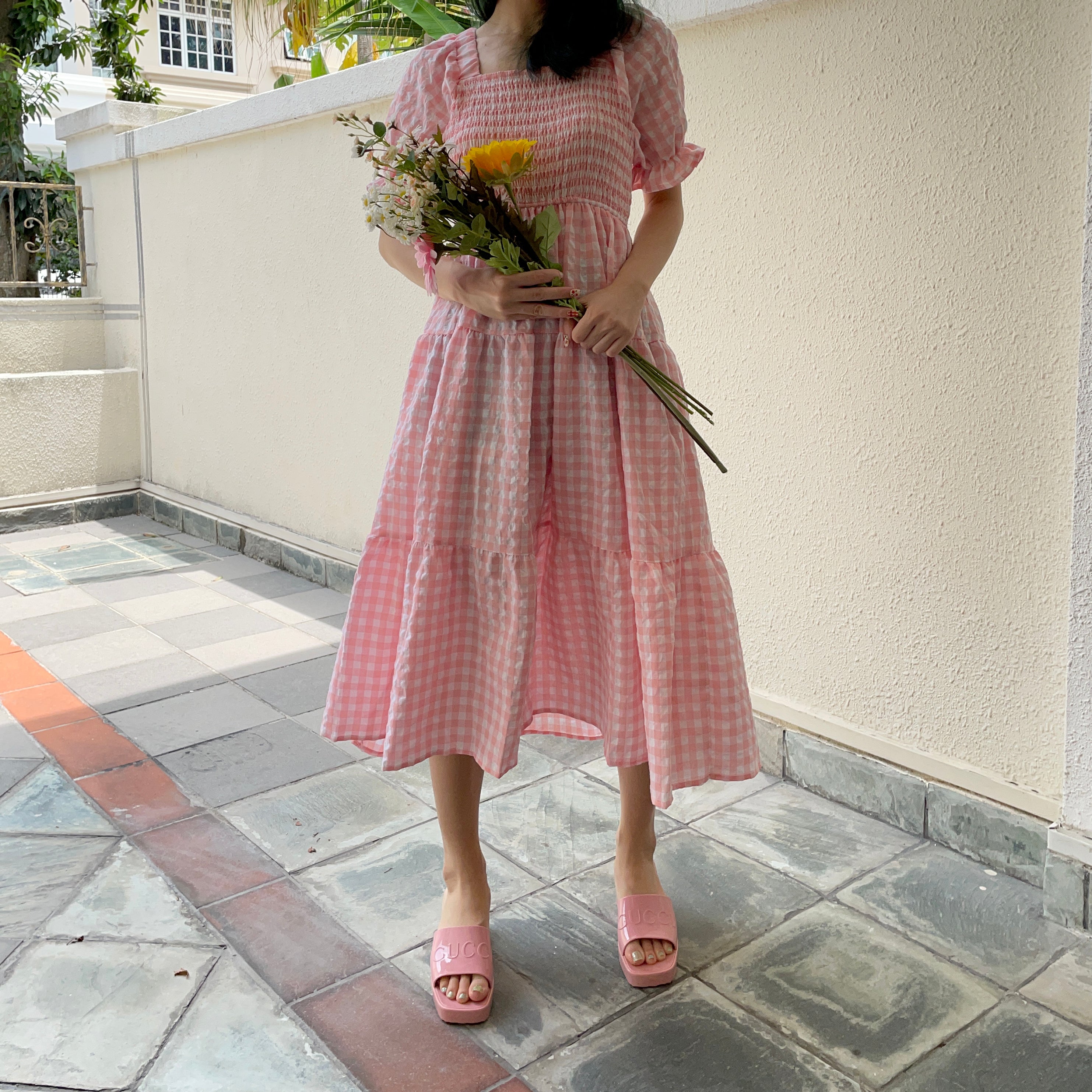 Puff Sleeve Gingham Tiered Dress Maxct