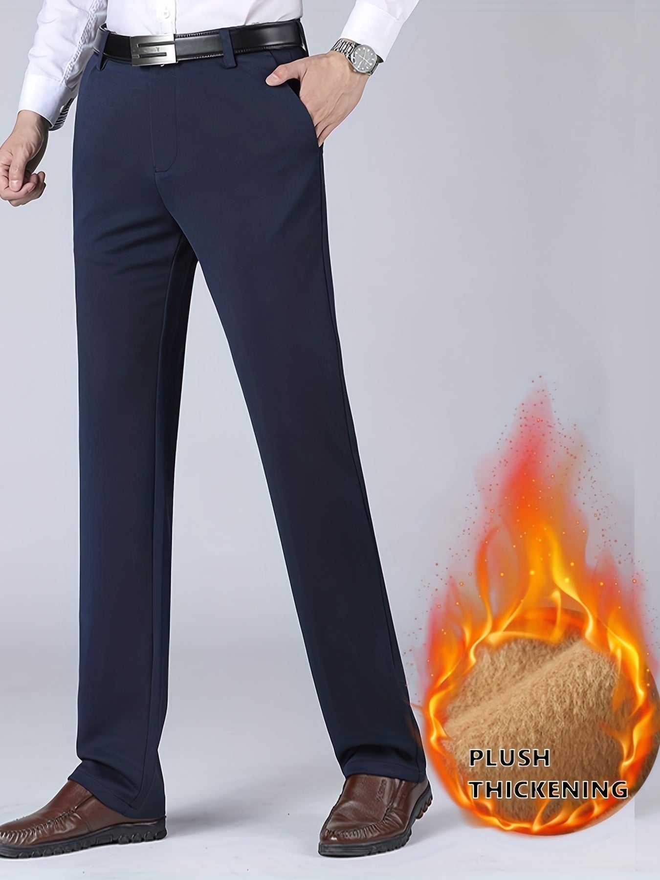 Maxct  Warm Fleece Dress Pants, Men's Formal Stretch Dress Pants For Fall Winter Business