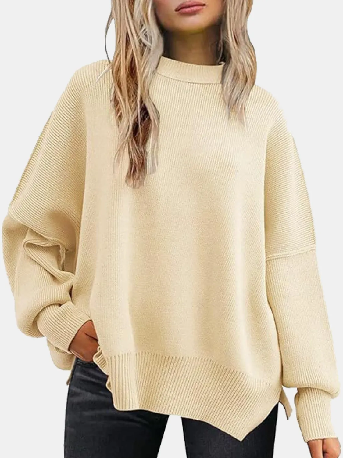 Maxct &Round Neck Drop Shoulder Slit Sweater