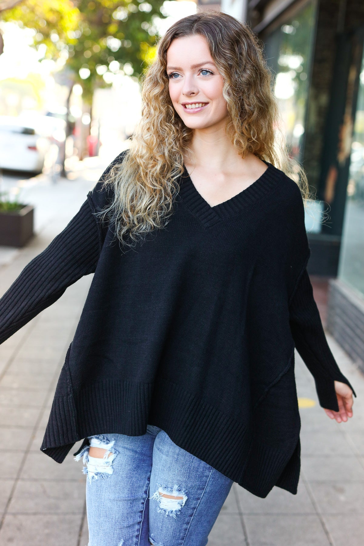 Maxct &Casual Chic Black Oversized V Neck Rib Knit Sweater