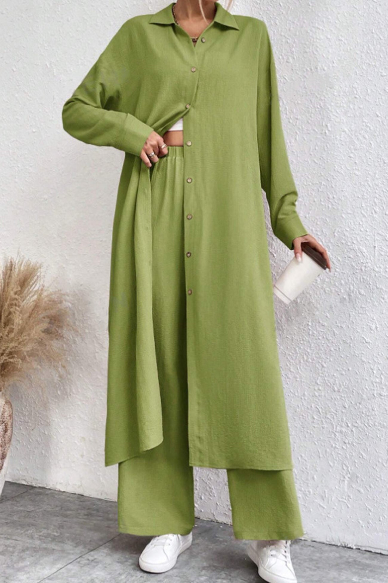 Maxct Solid Long Shirt Wide Leg Pants Set