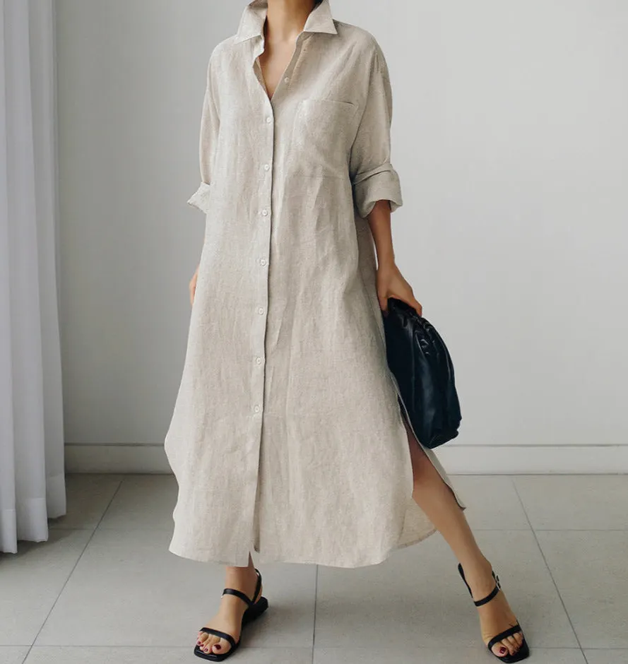 Women Spring Loose Mid-Length Slit Cotton Linen Shirt Dress