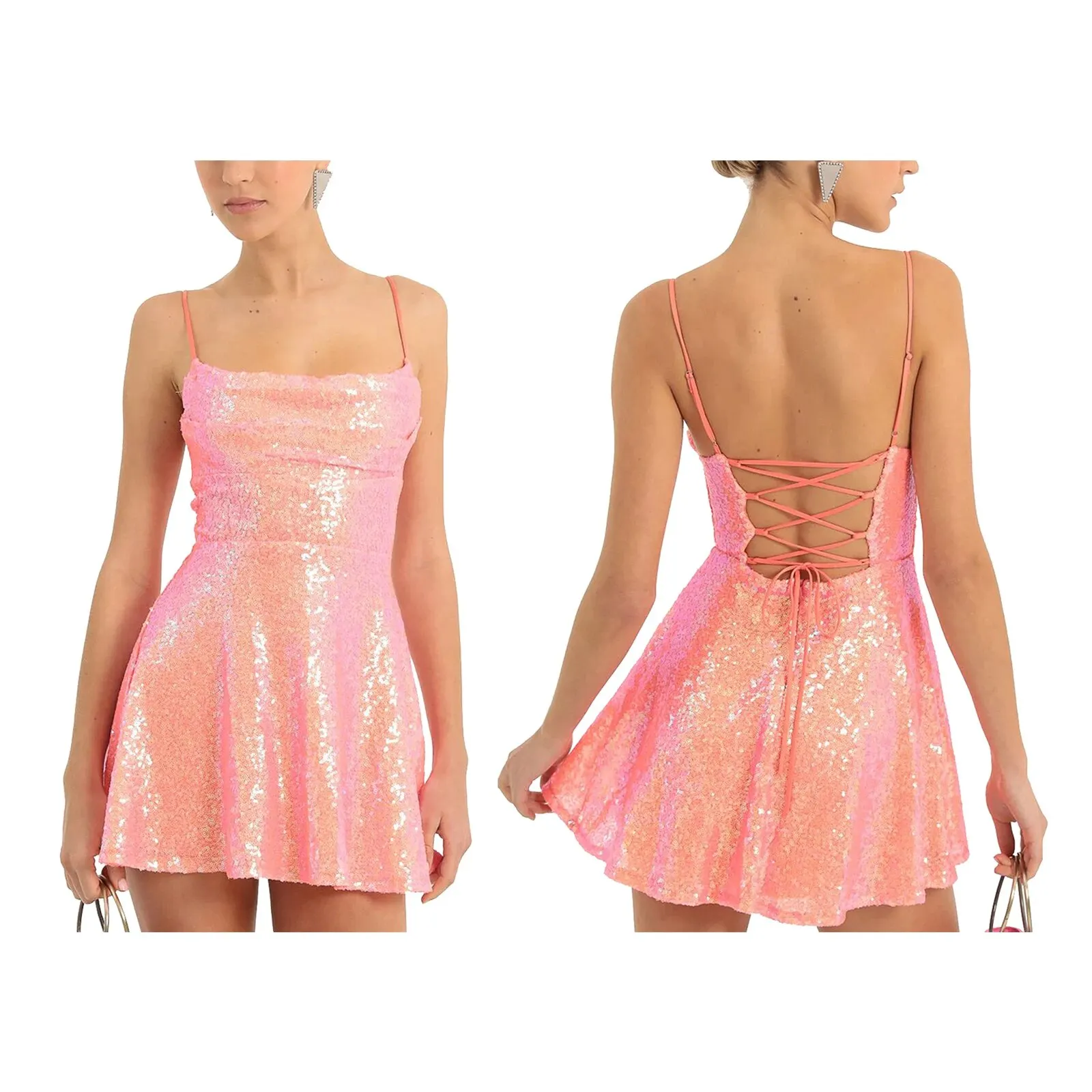 Maxct Women's Sexy Shiny Sequined Summer Backless Bow Knot Tie-up Hollowed A-Line Mini Party Dress Beach Club Streetwear