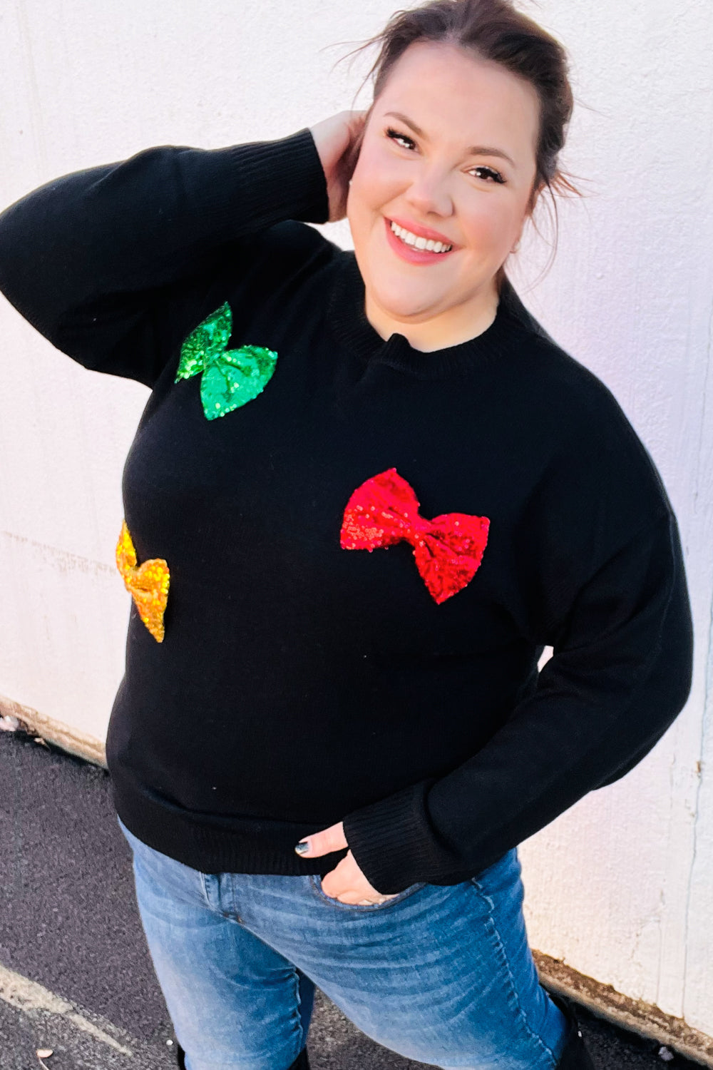 Maxct &Be Merry Black Multicolor Sequin Bow Knit Sweater