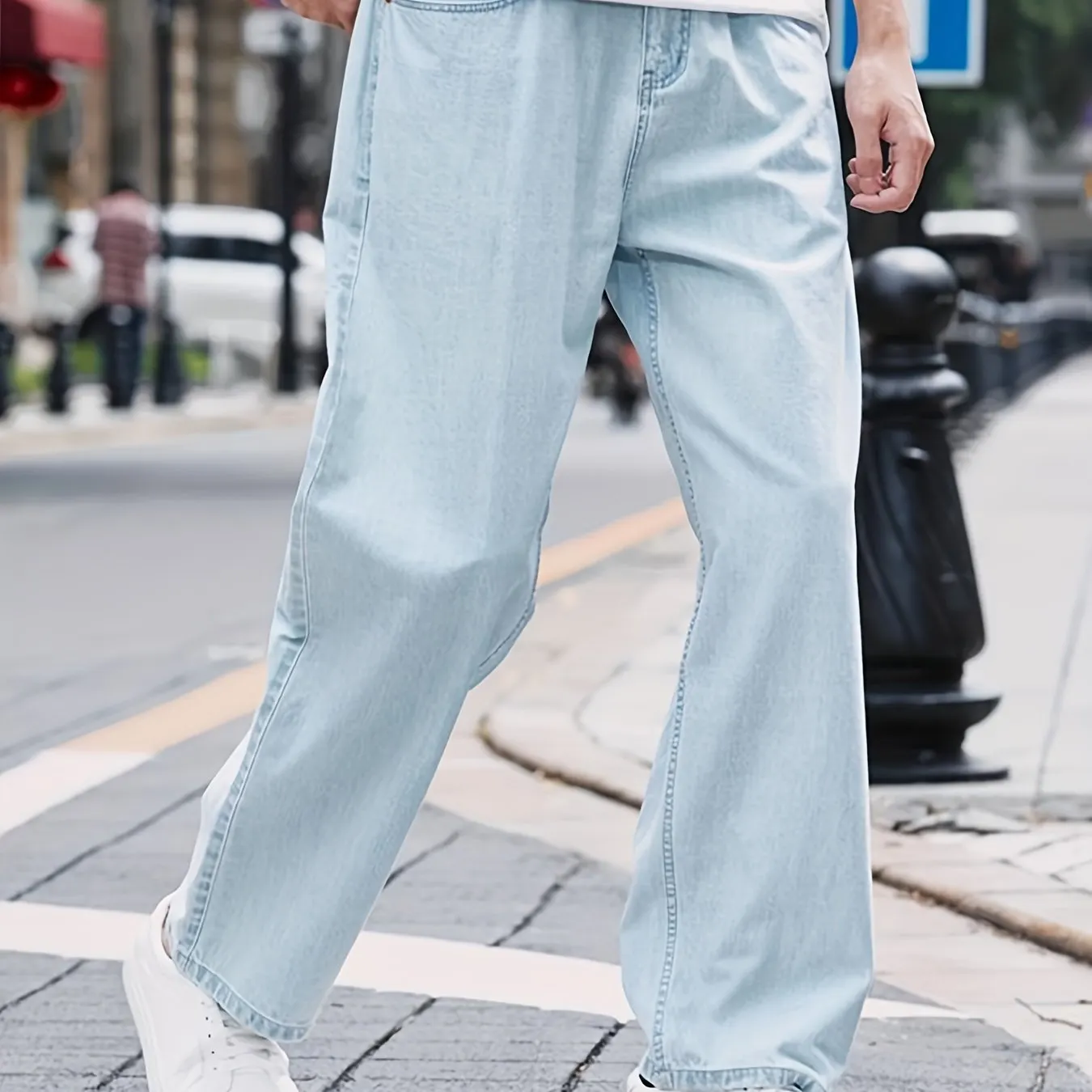 Maxct  Trendy Casual Men's Solid Color Loose Denim Jeans With Pockets, Men's Outfits