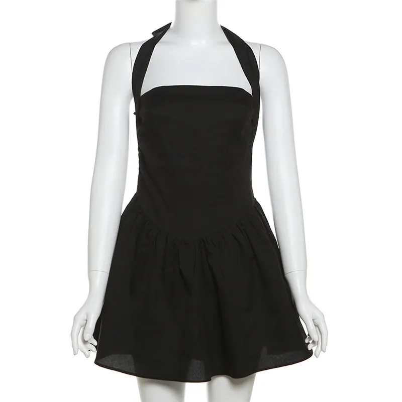 Frill Mini Halter Dress For Women Splice Sexy Backless A-Line Hem Lace Up High Waisted Female Beach Black Bodycon Dress