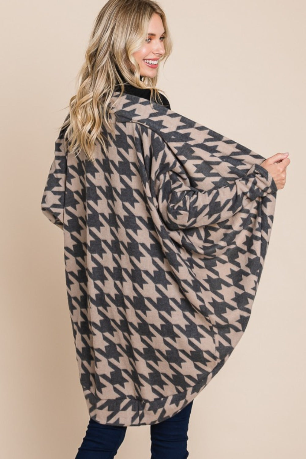 Maxct &BOMBOM Houndstooth Open Front Cocoon Knit Cardigan