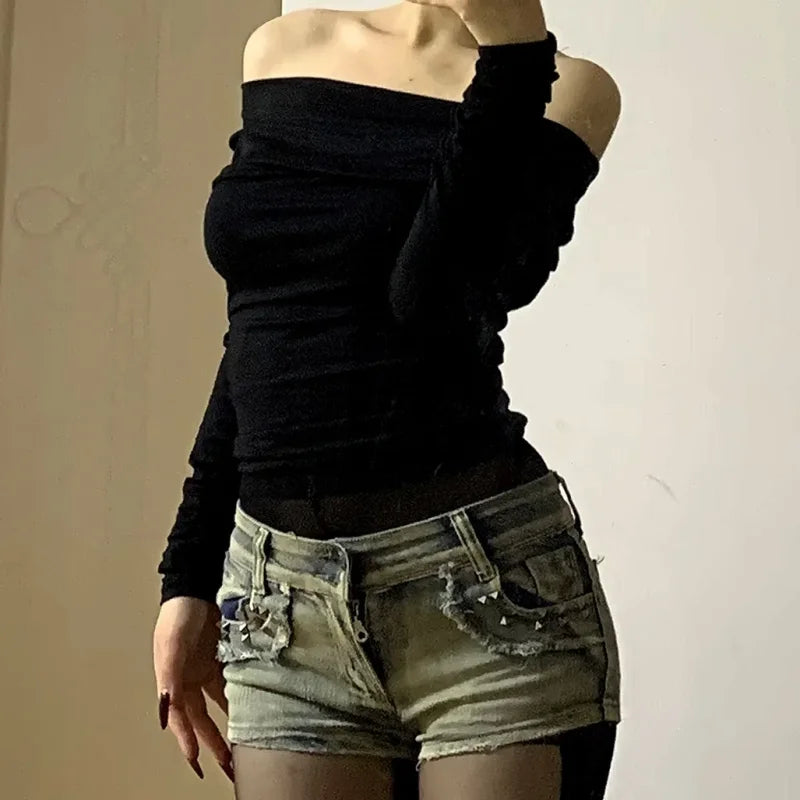 Maxct Black Solid Slash Neck Elegant Long Sleeve Tops Fashion Slim Sexy Cropped T Shirt Skinny Women Y2k Clothing Autumn Casual Shirts