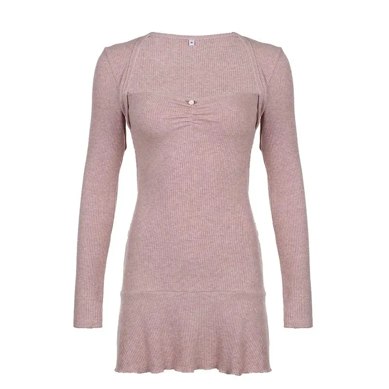 Cute Coquette Pink A-line Mini Dress Fairycore Sweet Full Sleeve Square Collar Short Dresses for y2k Maxct