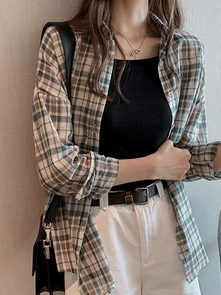 Maxct Vintage Checkered Long Sleeve Button Blouse