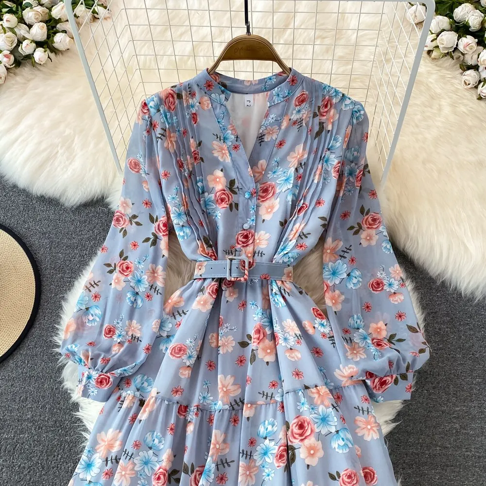 Floral Midi Dress Women Elegant V-Neck Lantern Long Sleeve High Waist Draped A-Line Casual Vestidos Female Spring Autumn