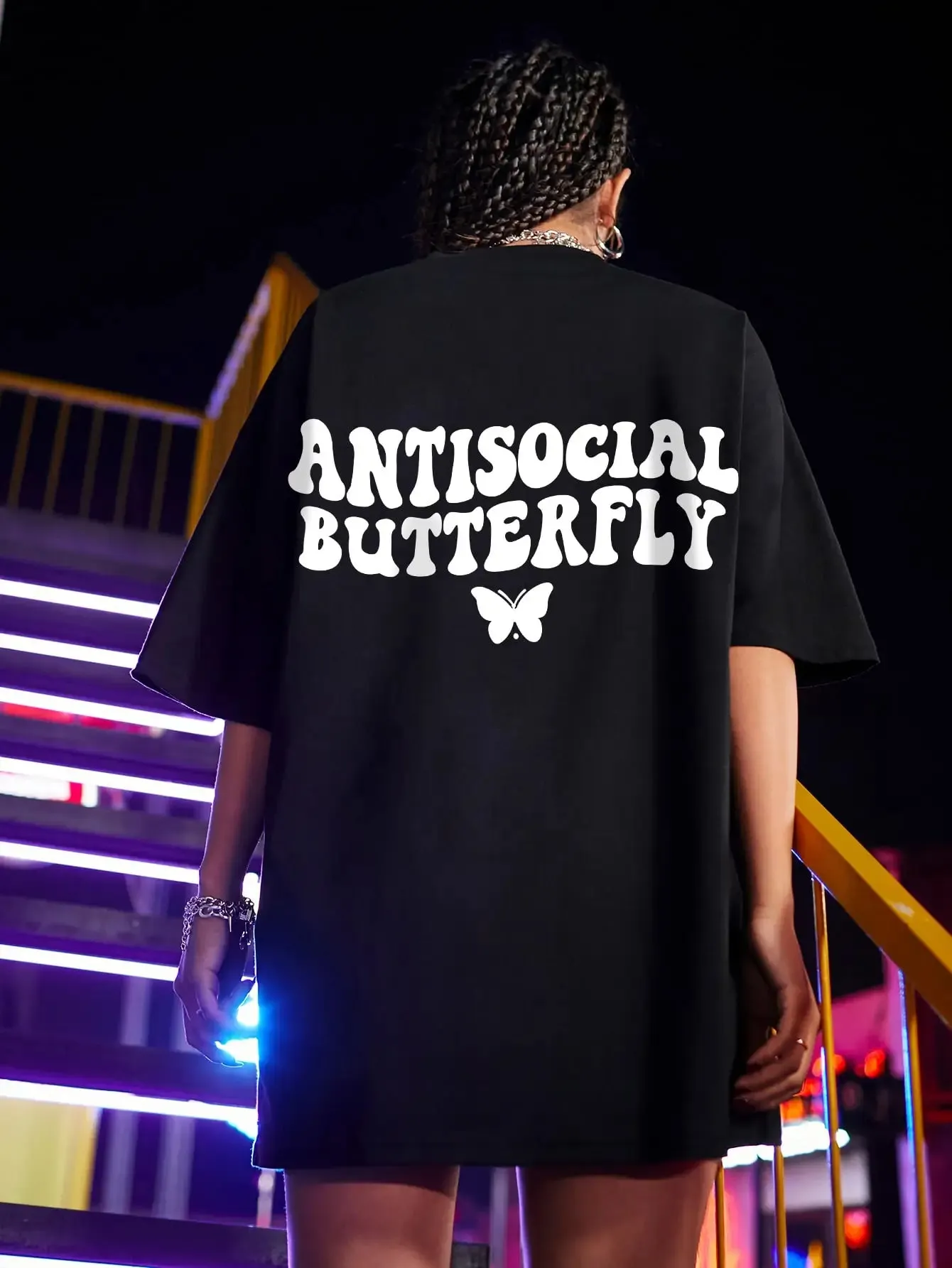 Maxct-Butterfly White Letter Printed T-Shirts Women 100% Cotton Black Short Sleeve Fashion Hip Hop Streetwear Summer Breathable Tshirt