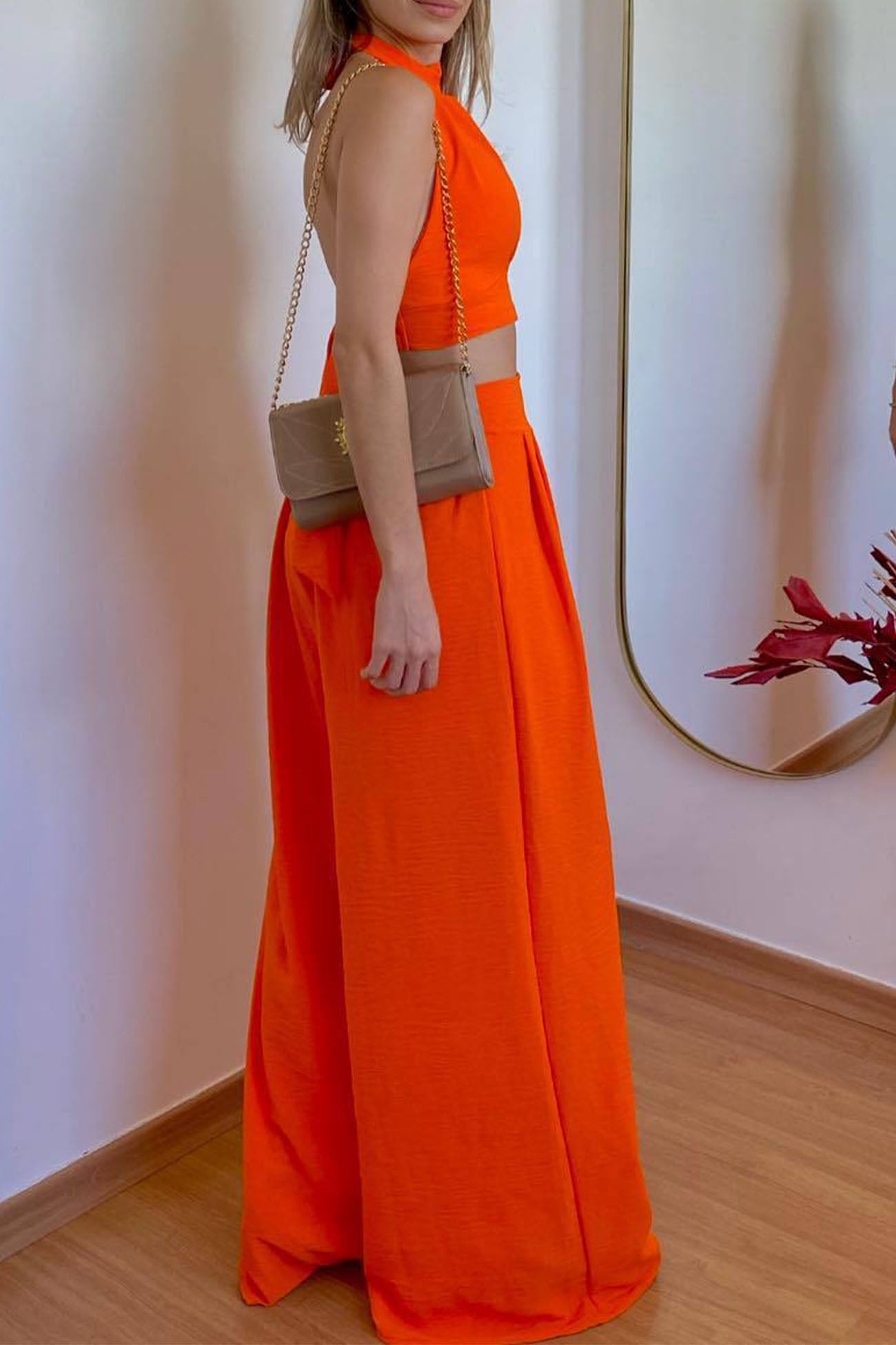 Maxct Halterneck Backless Tie Crop Top Wide Leg Pants Set