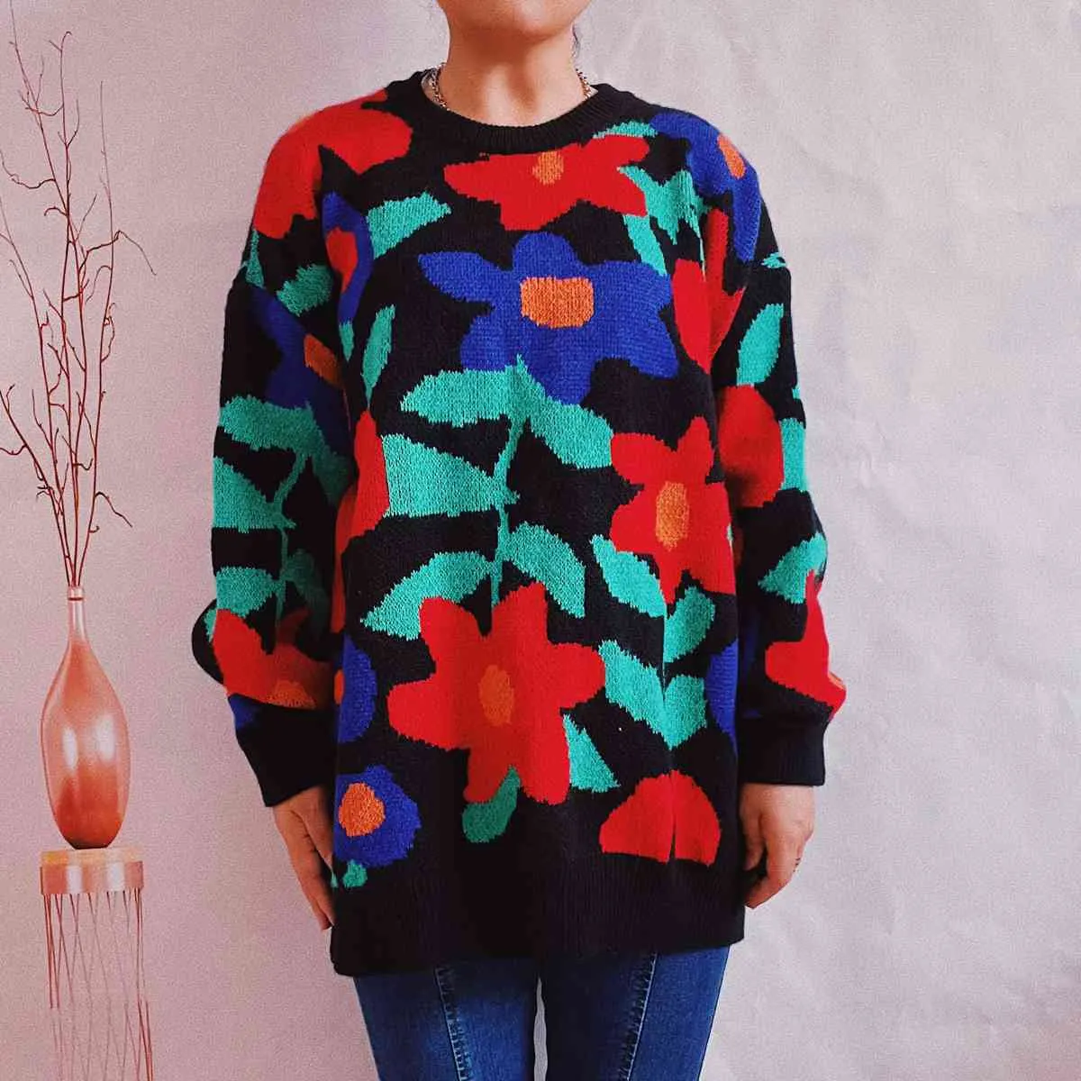 Maxct &Floral Print Round Neck Drop Shoulder Sweater