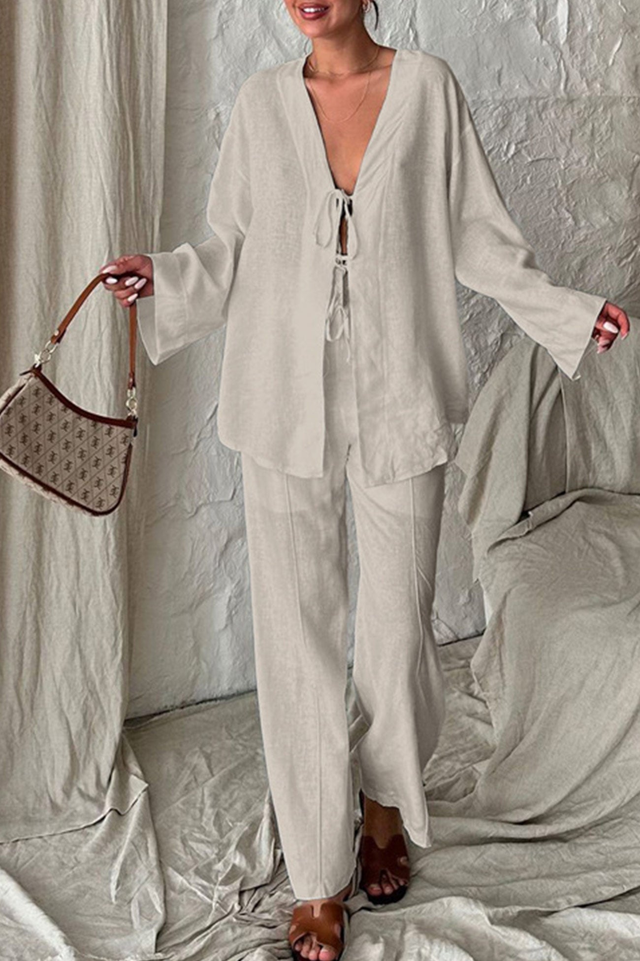 Maxct Tie-front Long Sleeve Shirt Cotton Suits