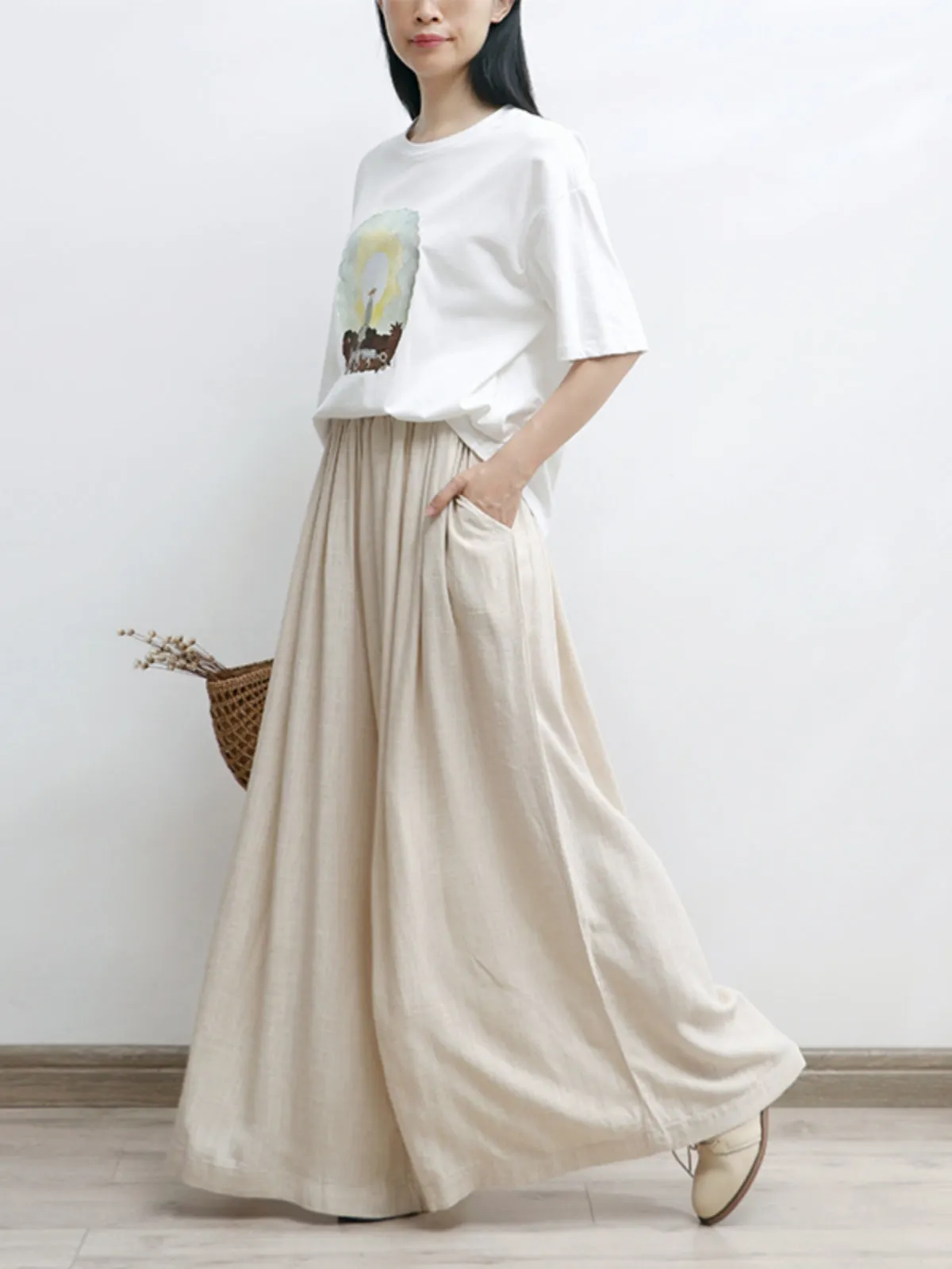 Women Linen Flowy High Elastic Waisted Wide-Leg Pants