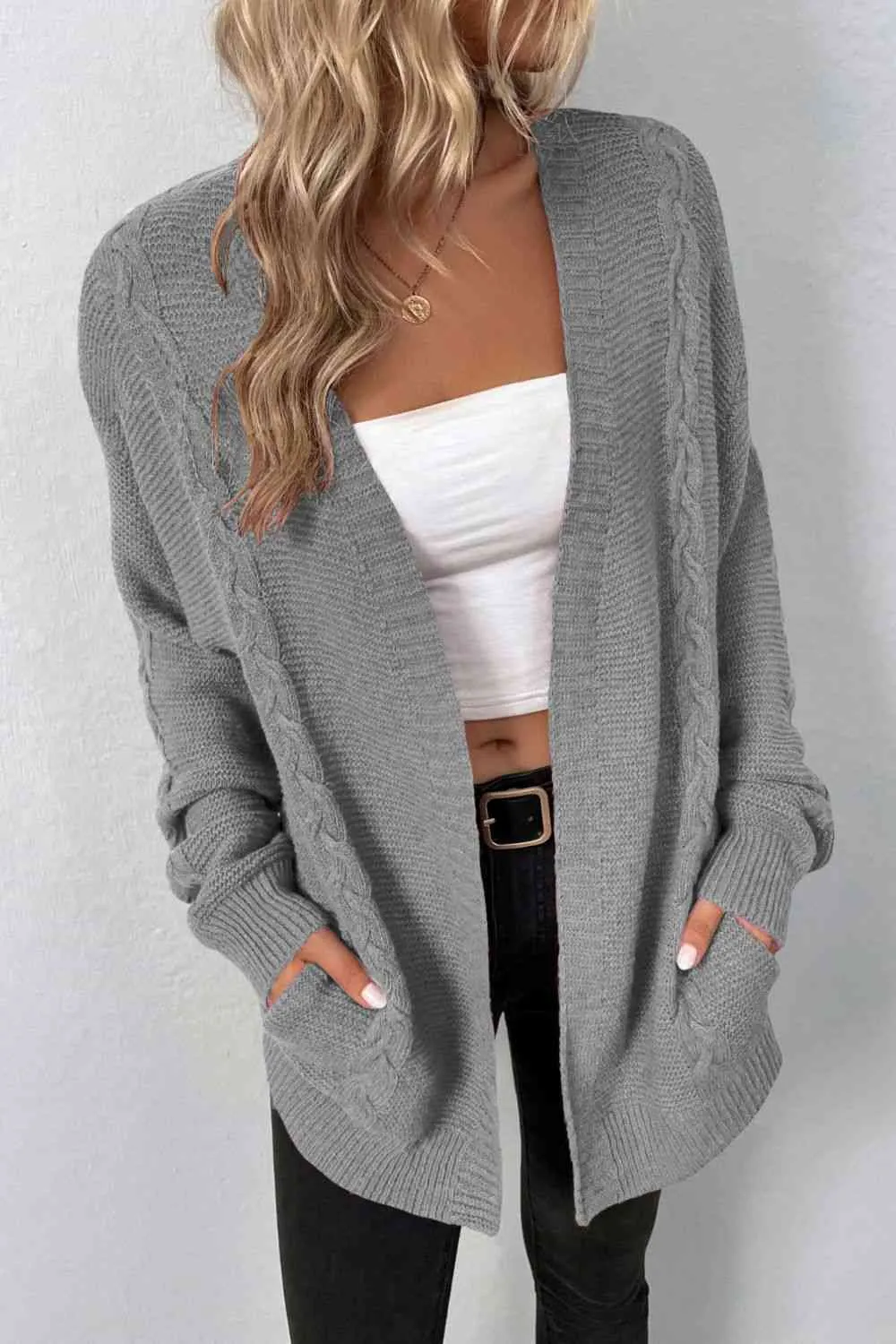 Maxct &Cable-Knit Open Front Cardigan with Pockets