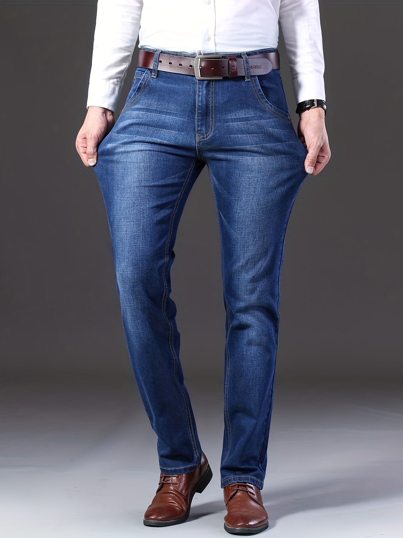 Men's Straight Leg Slim Stretch Retro Jeans Mid Waist Basic Zipper Wash Denim Pants