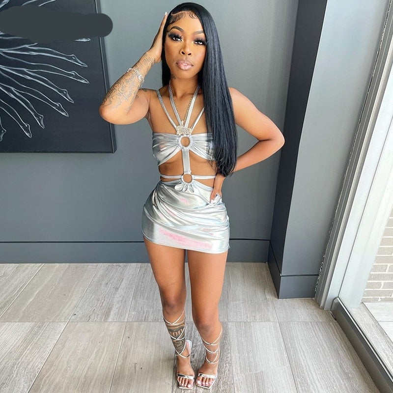 Voguable  Solid Sleeveless Bodycon Halter Hollow Out Mini Dress  Streetwear Outfits Y2K Maxct