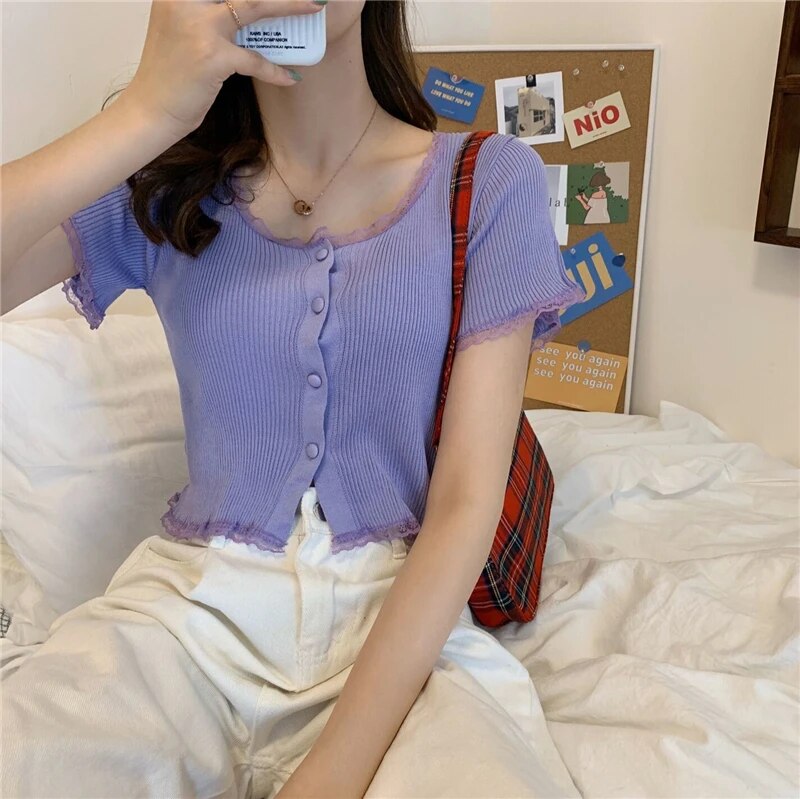 Maxct Women Patched Lace O-Neck Knitted Short Sleeve Thin Sweaters Cardigans Lady Single-breasted Buttons Sweater Crop Tops Female