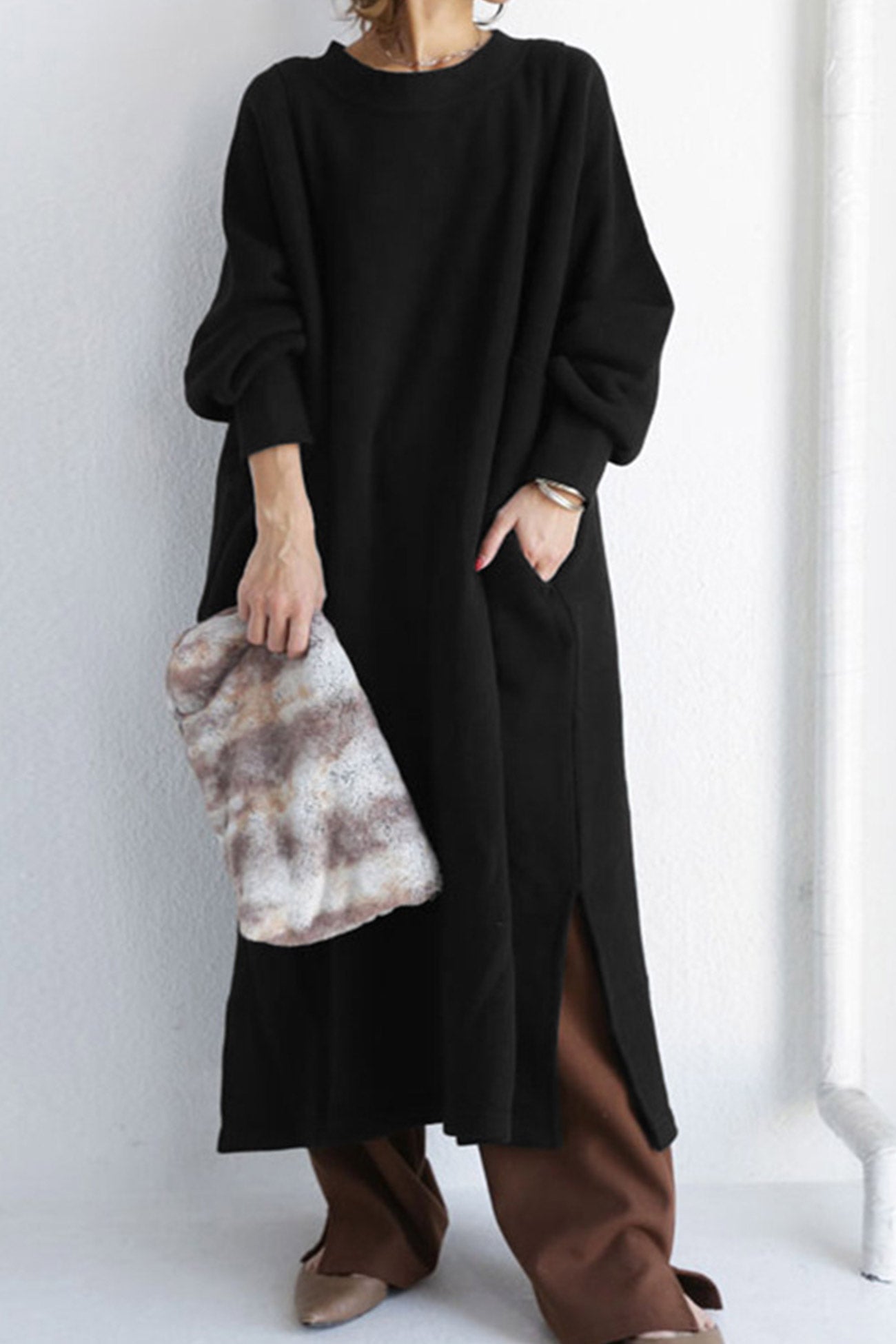 Maxct Solid Crew Neck Slit Sweatshirt Dress