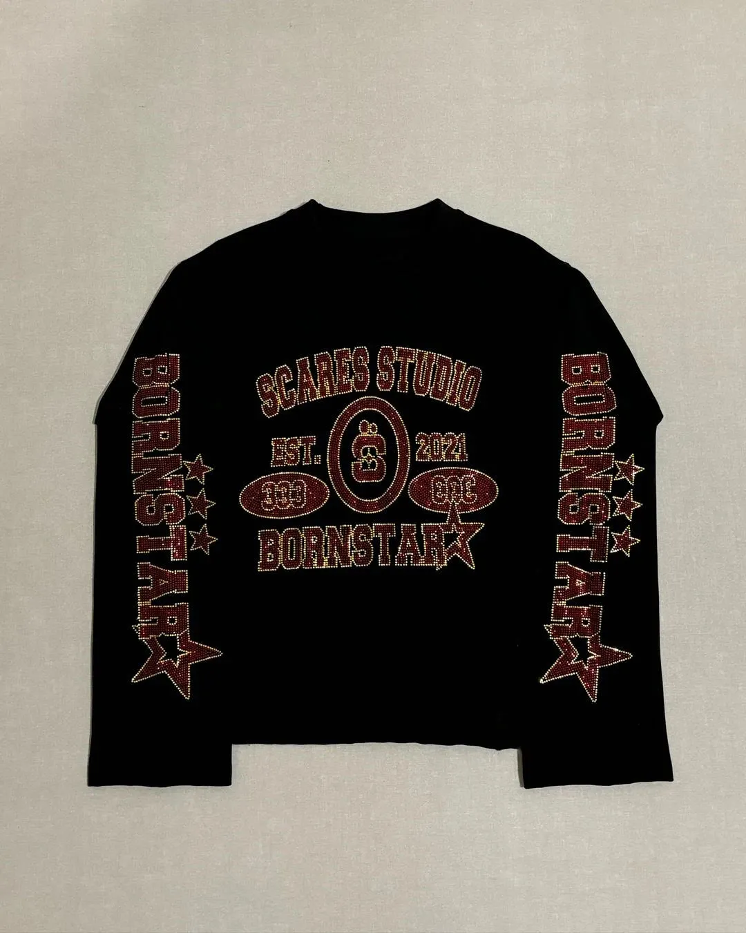 Maxct Y2k Round Neck Long Sleeved Hip-Hop Rap Vintage Hot Diamond Pattern T-Shirt Streetwear Oversize Sweatshirt Tops With Contrasting