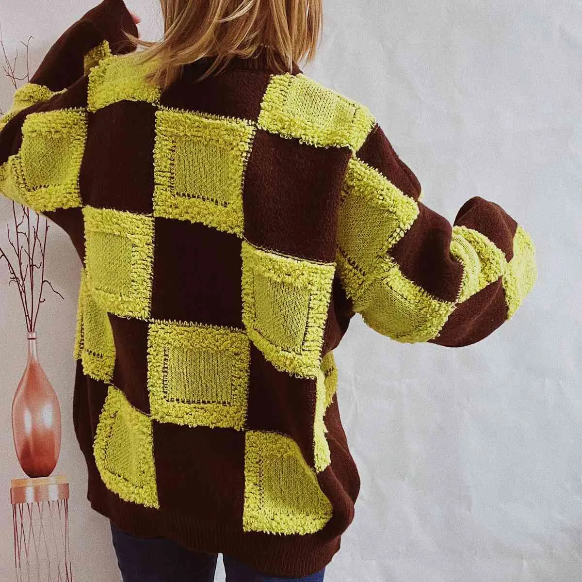 Maxct &Checkered Round Neck Long Sleeve Sweater
