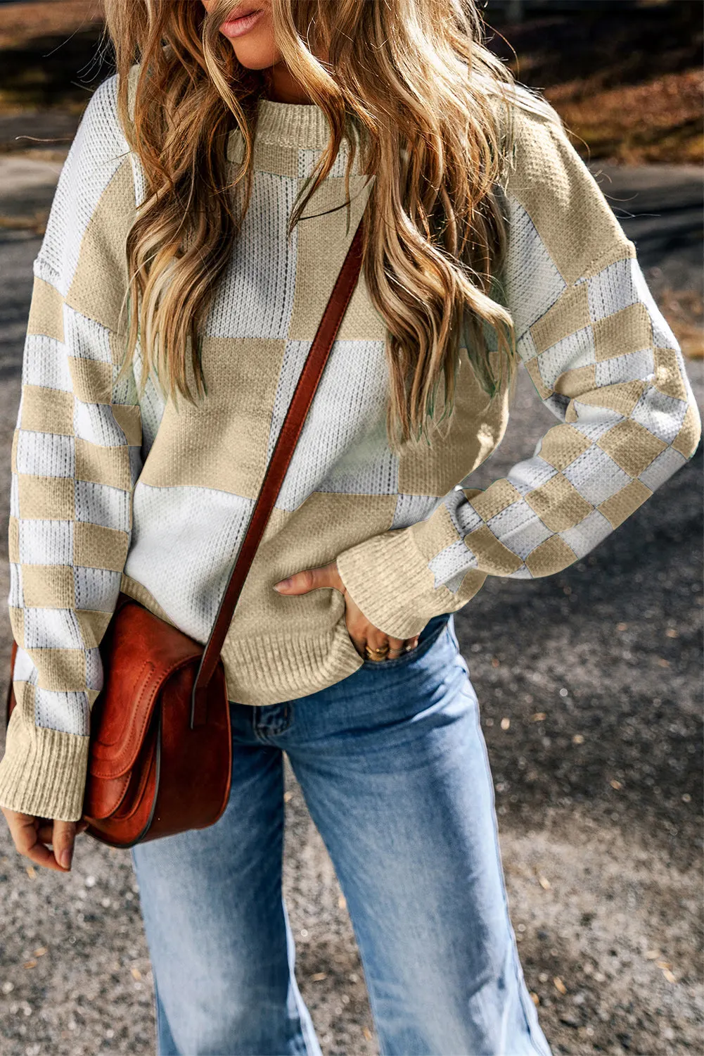Maxct &Checkered Round Neck Drop Shoulder Sweater