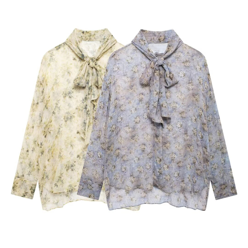 Autumn New Product Women's Casual Versatile Loose Bow Tie Decoration Printed Long Sleeve Shirt Top
