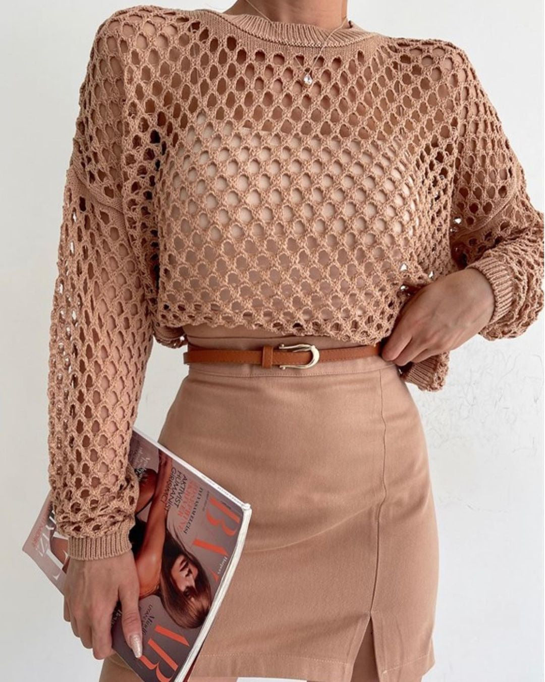 Maxctshop sweater Spring and Summer New Knitwear Bell Sleeve Loose round Neck Hollow Sweater for Women - Image 10