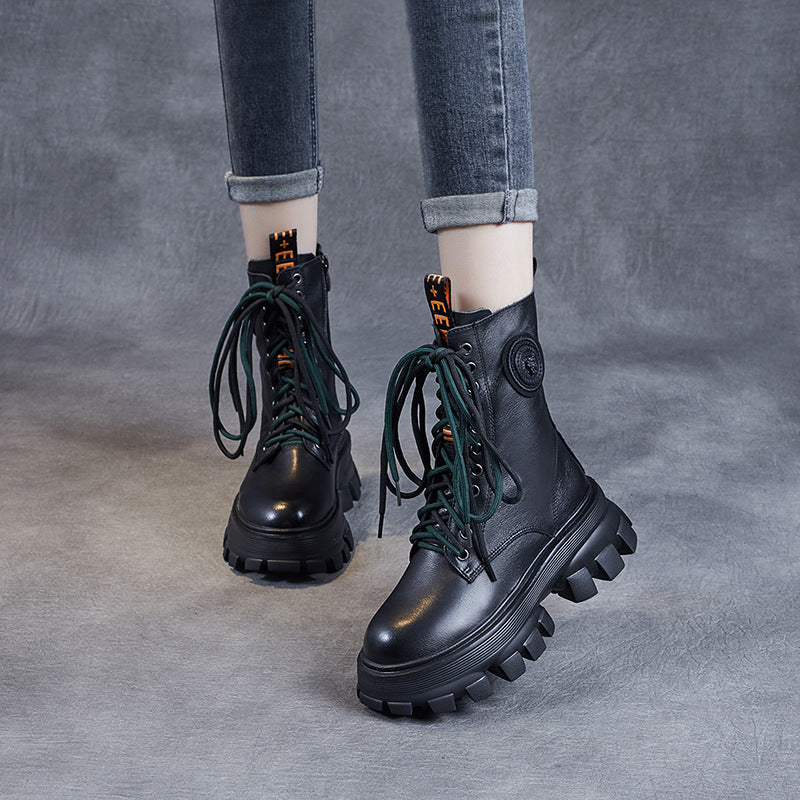 Retro Classic Chunky Heel Leather Mid-Calf Boots for women