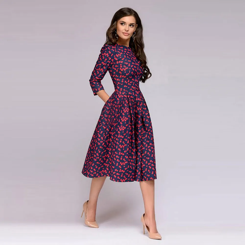 pleated tunic print dress women Elegant ladies A line dresses Long sleeve female autumn mixi party dress vestidos