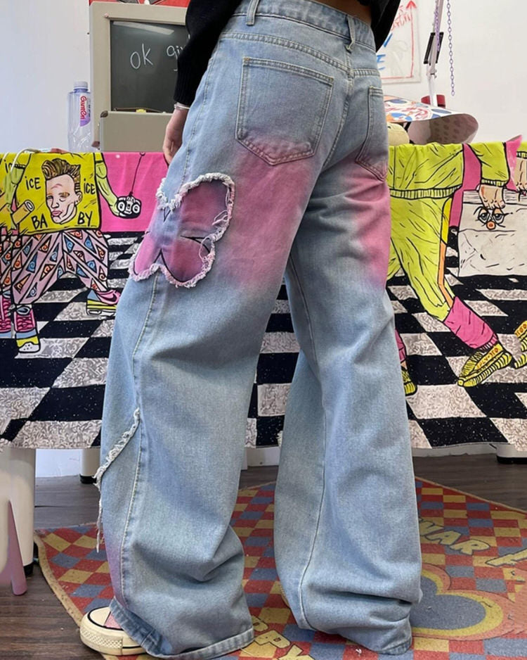 Pink Butterfly Wide Leg Jeans Maxct