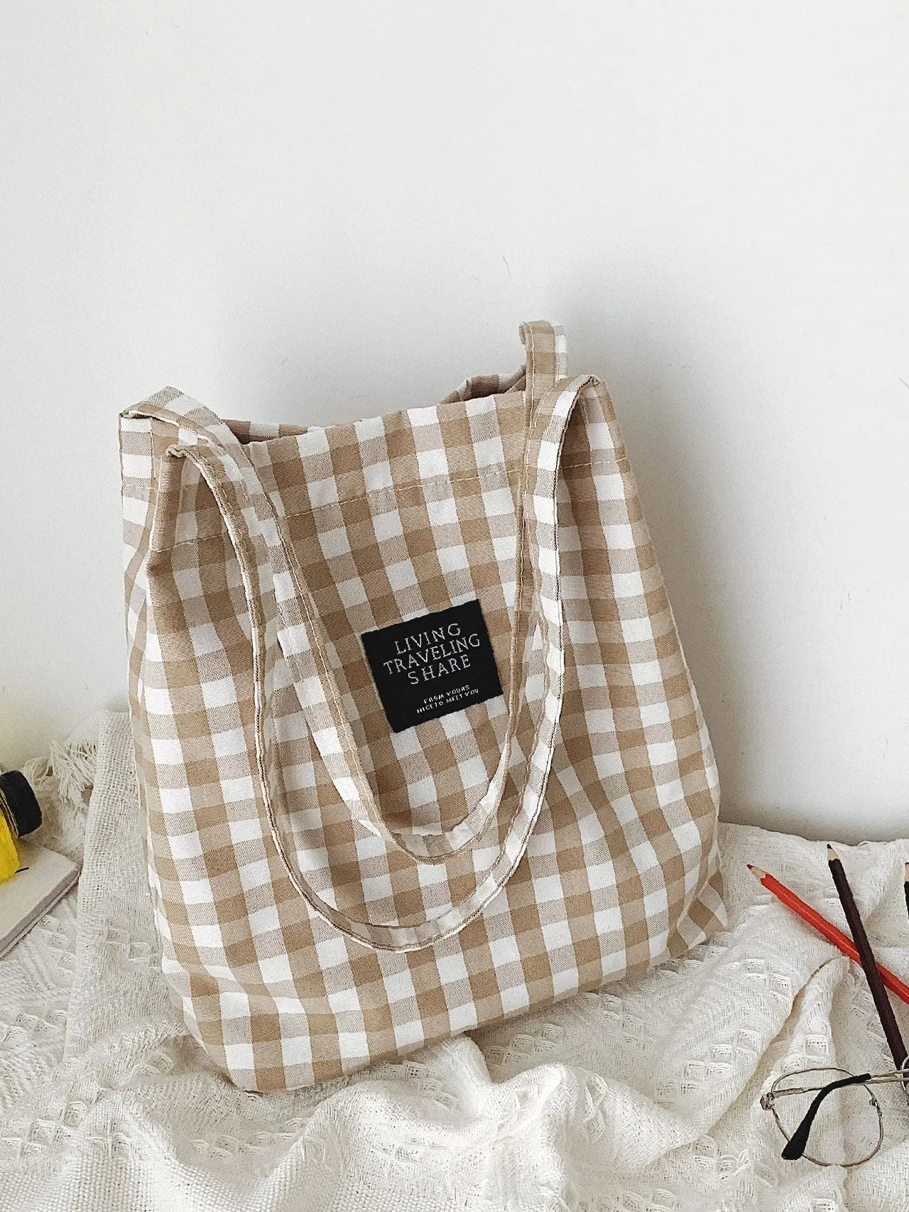 Maxct - Letter Patch Gingham Shopper Bag  - Women Tote Bags