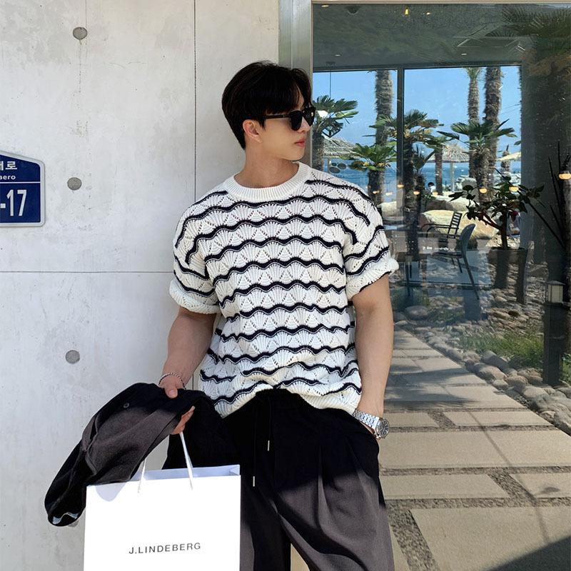 Maxct 90s Streetwear Men's T-shirt Short-sleeved Summer Trendy Brand High-grade Sense Heavy Industry Hollow Knitted Sweater Jacquard Wave Striped T-shirt Top